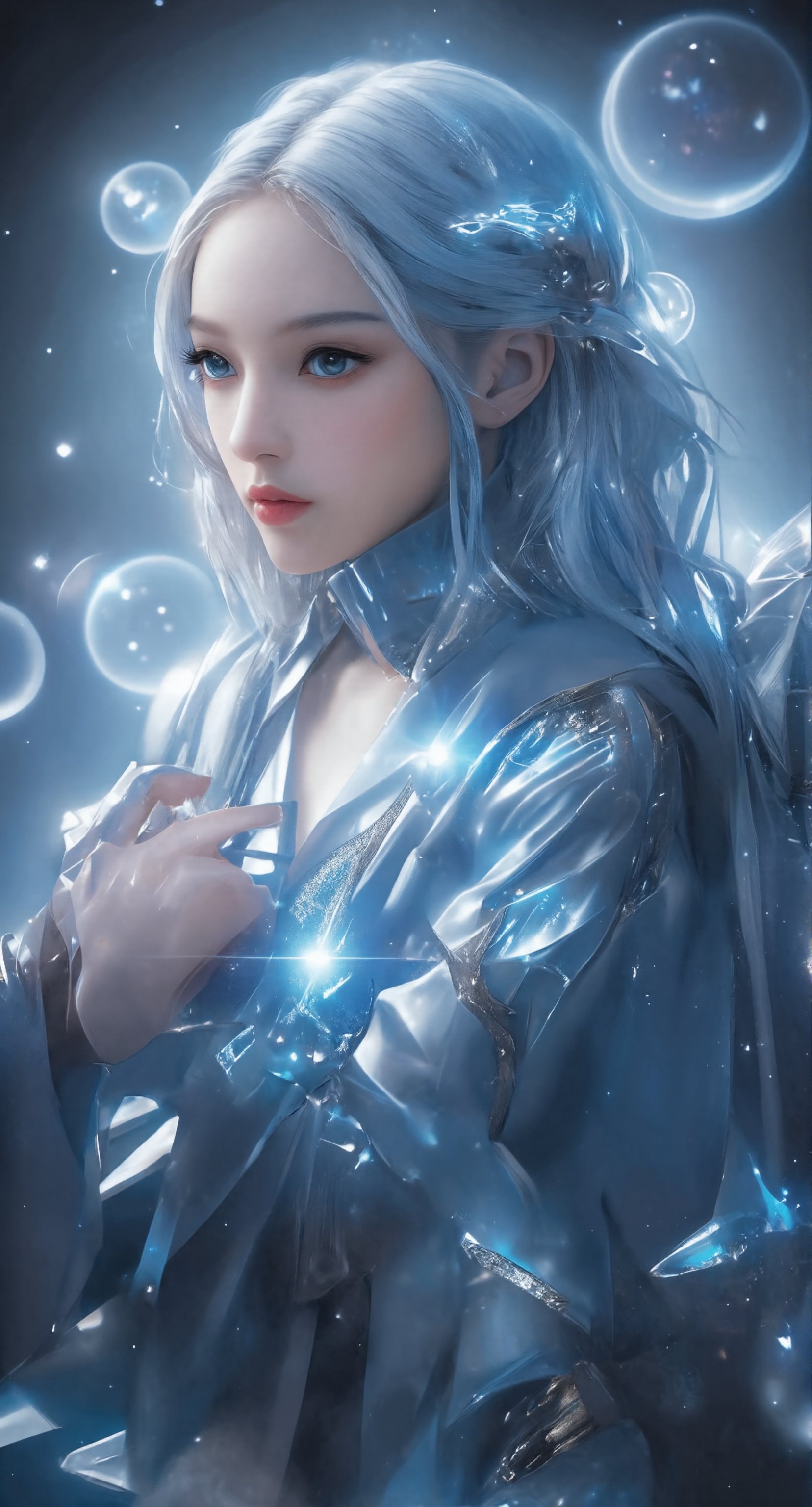 In a mesmerizing full-body portrait, the cyborg beauty sits regally, ice blue locks flowing like glaciers down her back. Her flawless face, frozen in a direct gaze, exudes confidence. The mecha-armor glistens with high gloss, highlighting intricate design and curves. A sparkling hairpin jewel crowns her head, radiating against the cinematic light that casts dramatic shadows across her figure. Every detail is meticulously rendered in CG illustration, as if painted by a master artist. Amidst this visual splendor, large holographic circles hover in the background, adding an otherworldly ambiance to the scene.