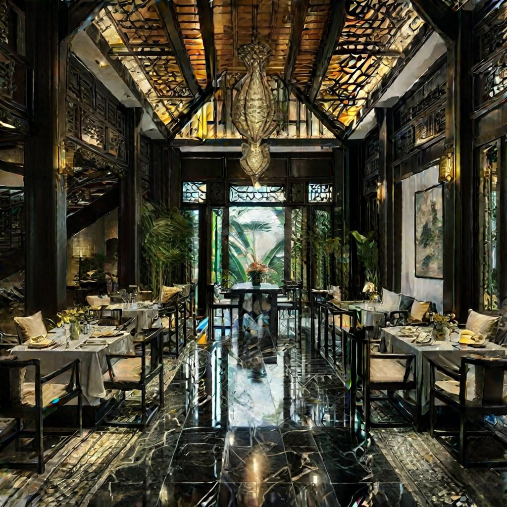 Create a gorgeous Indochina resort image showcasing stunning interior design. The scene captures a large open lobby with high ceilings decorated with intricate wood carvings and traditional silk fabrics. The lighting is luxurious, elegant and has the style of the Han Dynasty, highlighting the luxurious texture and bright colors of the decoration. The composition includes elegant furniture, lush tropical greenery and a majestic chandelier. More tables and seated dining customers increase the resort's popularity and make the atmosphere more harmonious. The overall atmosphere blends modern luxury with traditional Indo-Chinese charm, inviting viewers to experience the resort's charm. Atmosphere.