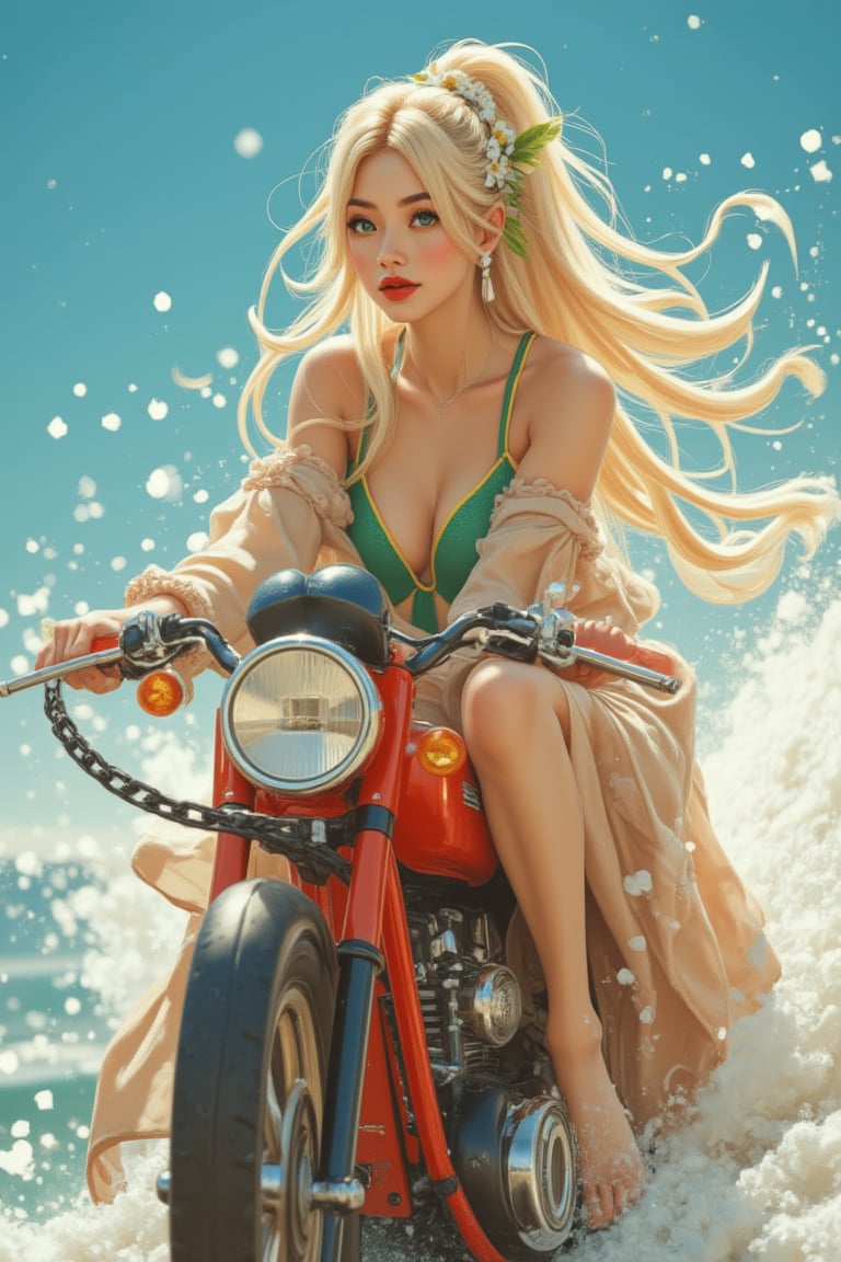 An animated image featuring a beautiful and charming woman with long silky flaxen hair tied into a ponytail, shining beautifully under direct sunlight and adorned with white flowers. She has bright green eyes, long eyelashes, and red lips, wearing a green and yellow swimsuit while riding a red motorcycle on the water. The metal on the motorcycle reflects the sun's rays, and water splashes around her. The full-body, long shot composition shows her sitting on the motorcycle, with water splashing everywhere and the blue sky above her head. This excellent photo captures the essence of Rococo art, showcasing a visually stunning and dynamic scene.