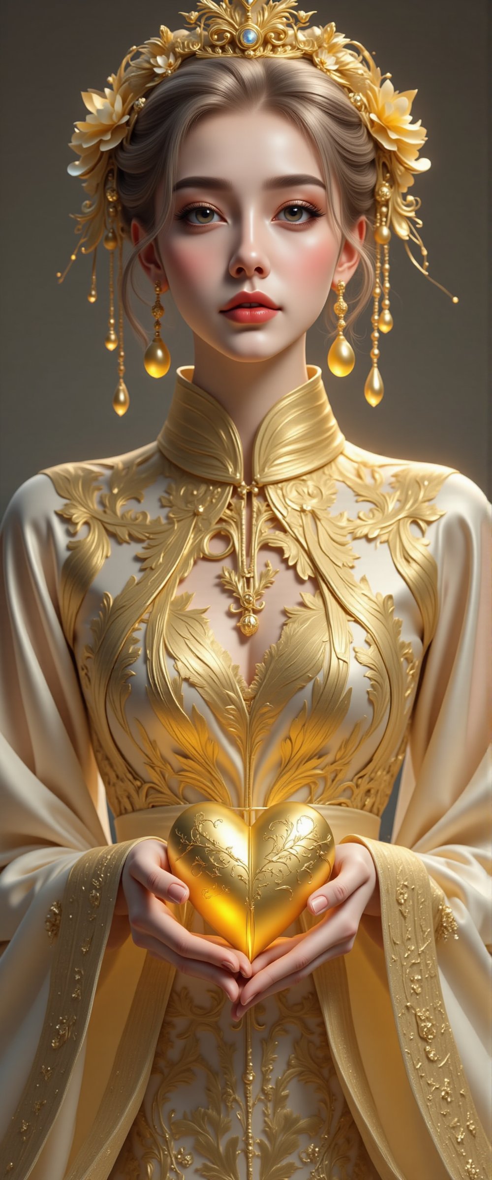 A beautiful and charming woman holds a heart-shaped gold heart in her hands (metal reflection).She sadly looked at the pur...