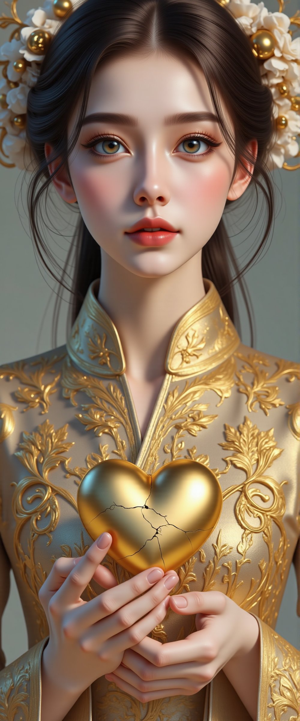A beautiful and charming woman holds a heart-shaped gold heart in her hands (metal reflection).She sadly looked at the pur...