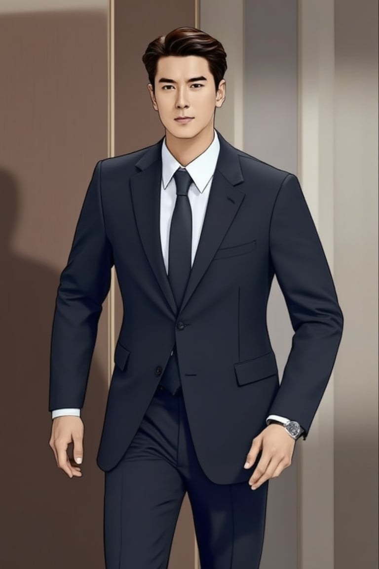 Korean cartoon style: handsome group president, tall (better looking than the best handsome male star), with sharp eyebrows, starry eyes, and arm-packing abs. He is wearing a handmade suit.
Coming out of the conference room after a morning meeting. The subordinates who were having a meeting with the chairman's male aide follow.
A completely conquering atmosphere. His stern face not only has a masculine aspect, but also a star face.
Official art is created with power.