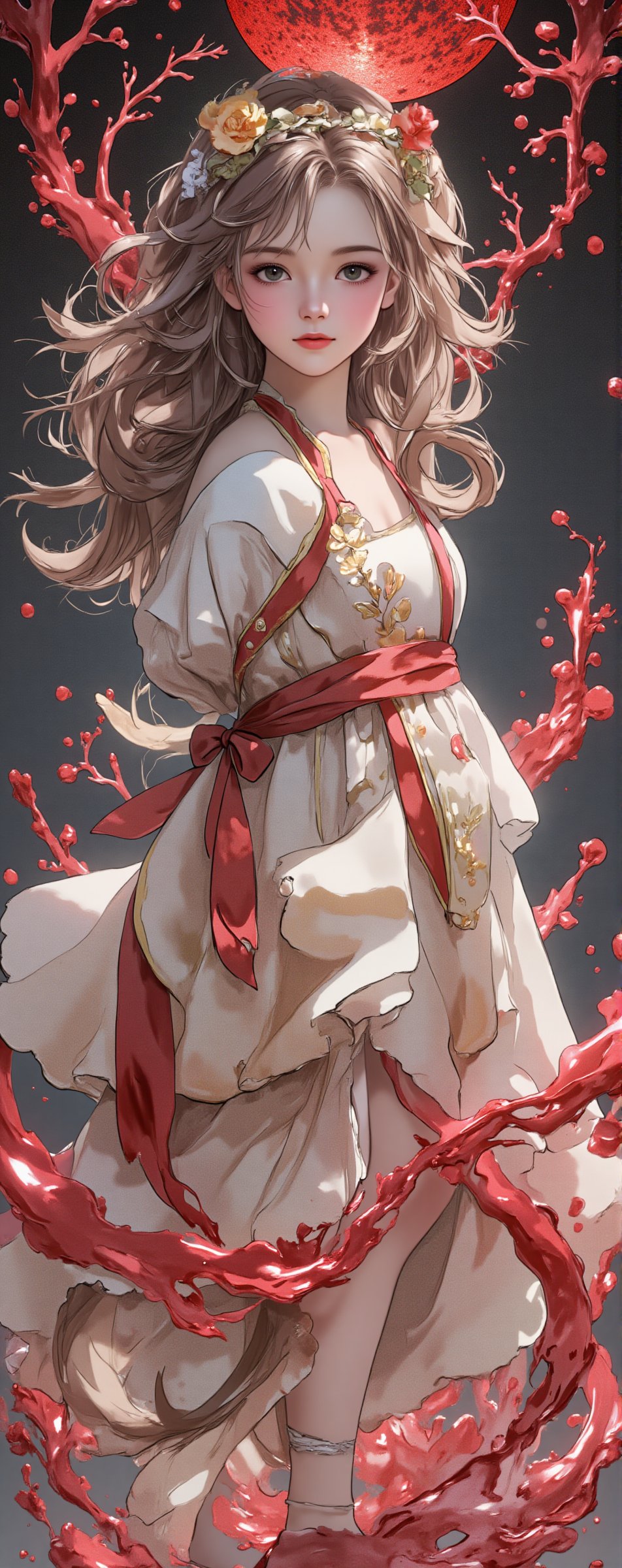 Illustration of a beautiful and charming 19 year old woman with dream elements,  light red,  light black and rainbow cryst...