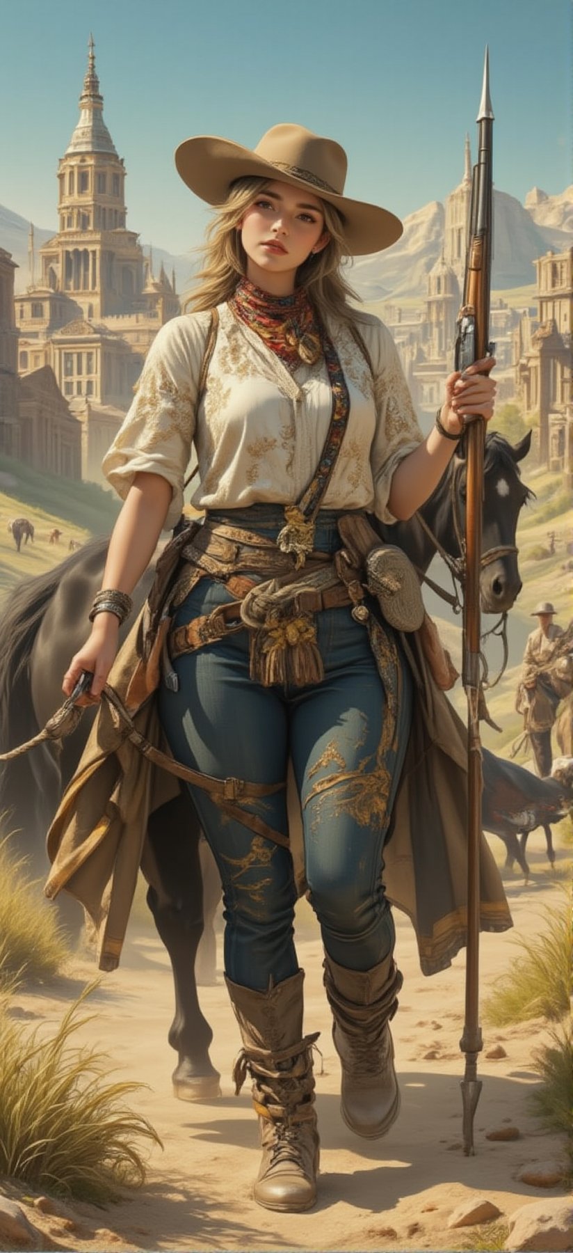 On the journey to expand the wilderness, a beautiful and charming American girl was wearing a cowboy outfit from the 1881 AD era. She had two mid-length guns and a cowboy belt on her belt. She also had a magazine on her belt. She was wearing a cowboy hat because the sun was very bright. But her facial features are exquisite and three-dimensional, her face, tall and well-proportioned figure look beautiful in jeans, and her identity is very mysterious. That era was very barbaric and life was difficult, so her white and tender skin attracted everyone's attention. Everyone is coveting her beauty, but her spear skills are very good and she has martial arts, so everyone only dares to look at her. A girl is riding a black horse. She is very strong. She is holding the horse's rope and walking. Walking through the villages and towns, the landscape of the villages and towns is still very distinctive with retro western-era buildings and desolate landscapes. Cowboy shooting, westernism. American retro art. Brutalist style.