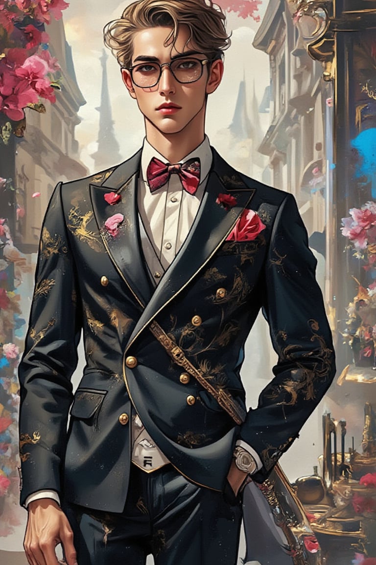 Emo handsome European guy with a tall, sexy, and well-proportioned figure, wearing fashionable clothes to attend a high-end cocktail party, exuding a luxurious and elegant aristocratic atmosphere, inspired by the most popular Paris and Italian fashions. Artwork meticulously and realistically depicted in watercolor and gouache, displaying lifelike quality and masterpiece status. 128K resolution captures colorful light wavelengths, mesmerizing reflections, and delicate gouache sketches of his entire body. Modern art style highlights beauty and sophistication.,Glass