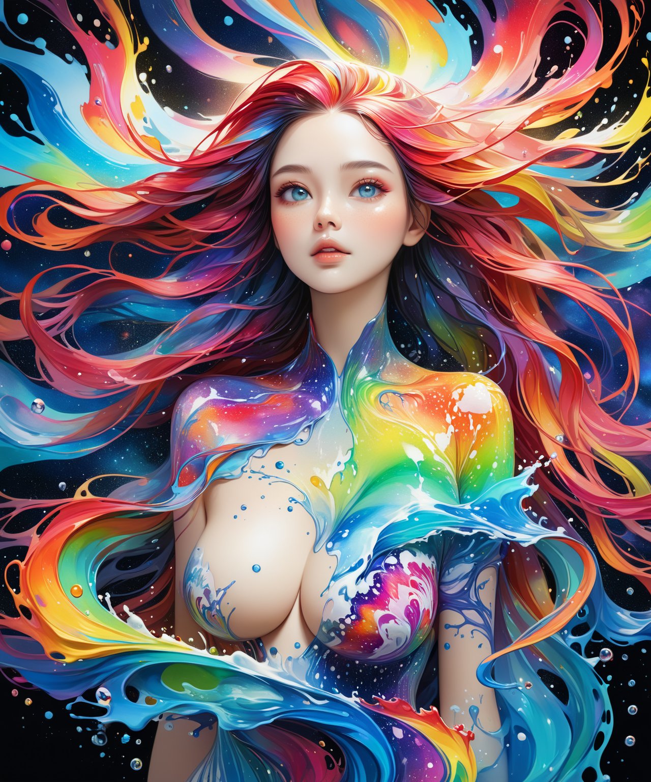 Masterpiece, 4K, ultra detailed,  ((solo)), PhotoRealistic, colorful splash art, liquid luminous busty lady made of colors, long flowy hair, epic aurora borealis, SFW, whole body portrait, depth of field, more detail XL, Ink art