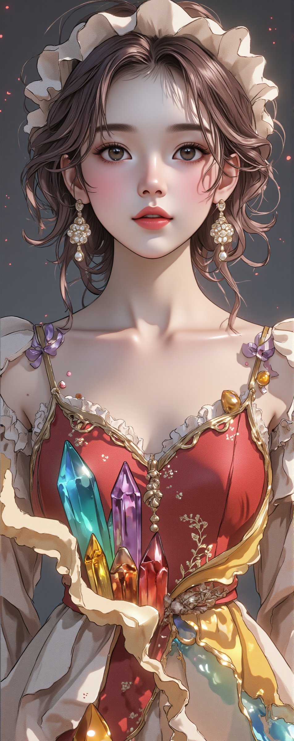 Illustration of a beautiful and charming 19 year old woman with dream elements,  light red,  light black and rainbow cryst...