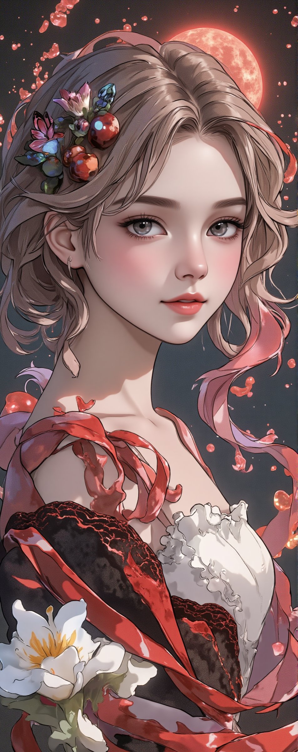 Illustration of a beautiful and charming 19 year old woman with dream elements,  light red,  light black and rainbow cryst...
