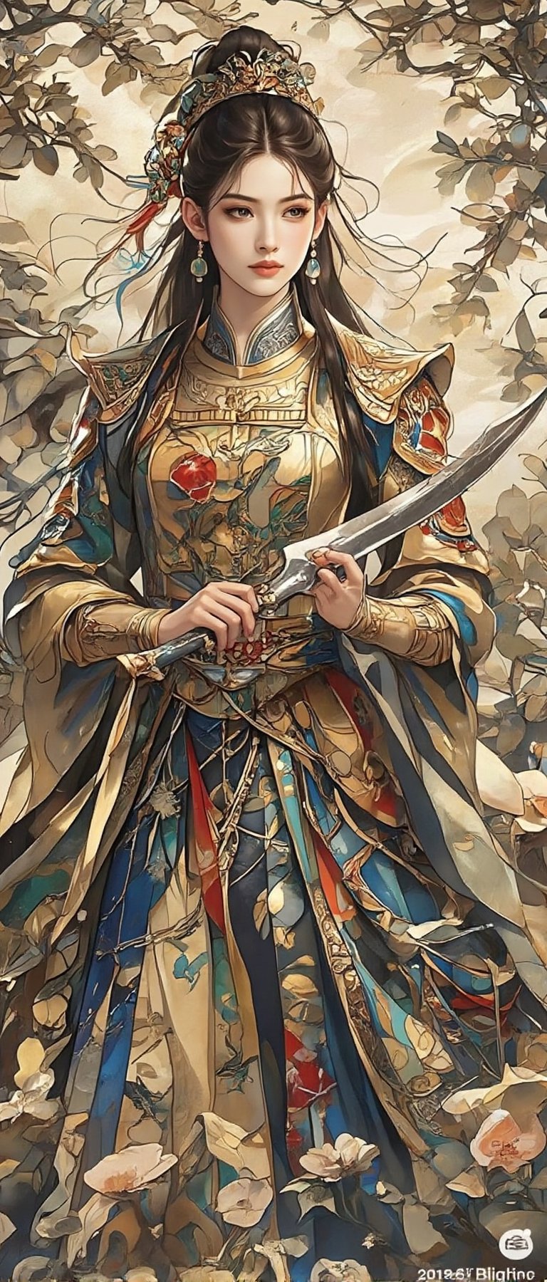 Whispers of War Killing: There was a beautiful and charming female general in the ancient Han Dynasty of China. She had eighteen martial arts skills that no one could match on the battlefield. She held a broadsword that was taller than a person. Her beautiful long hair is tied into a high ponytail, her big bright and smart eyes, and her long eyelashes do not diminish her heroic demeanor. She is also very tall. Wearing the armor of a Chinese Han Dynasty female general. She holds a large knife with a serrated blade. The metal of the knife is very shiny, and the hand-made sketch is exquisite with colored ink and ink. Chinese ancient art, animation style. It's an excellent photo.,Glass