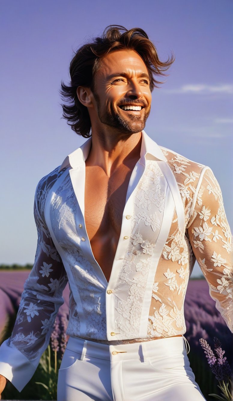 Close-up, young man with long thick eyelashes, she looks like 27-year-old Hugh Jackman with messy hair, full body shot, wearing satin pants, standing, wearing beautiful white mesh lace outfit, Dancing to the music and looking very happy. There are also braids of lavender flowers flying all over the sky, which is very beautiful. High quality. Modifiers: Alphonse Mucha, boris valejo dedecent illustration, Anne Boonchuy, art_booster, BlackworkStyleManityro, WOWAI, Expressiveh, Apoloniasxmasbox