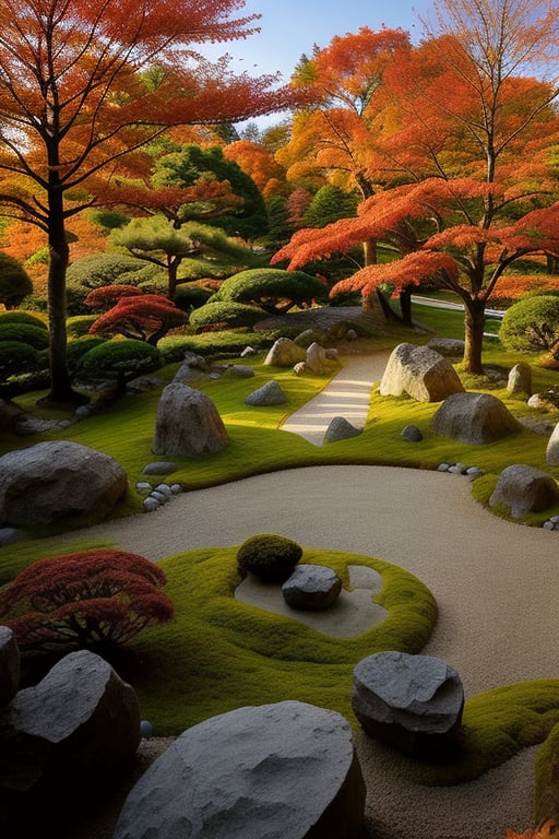 Create an image of a serene Japanese Zen garden in autumn. The garden features carefully arranged rocks, raked sand, and lush moss, surrounded by vibrant orange and red maple trees. The scene is framed with a gentle morning light, highlighting the tranquility of the space. Compositionally, focus on the balance between the natural elements and the meticulously maintained garden features. The overall atmosphere is peaceful and contemplative, inviting the viewer to appreciate the beauty of the season.