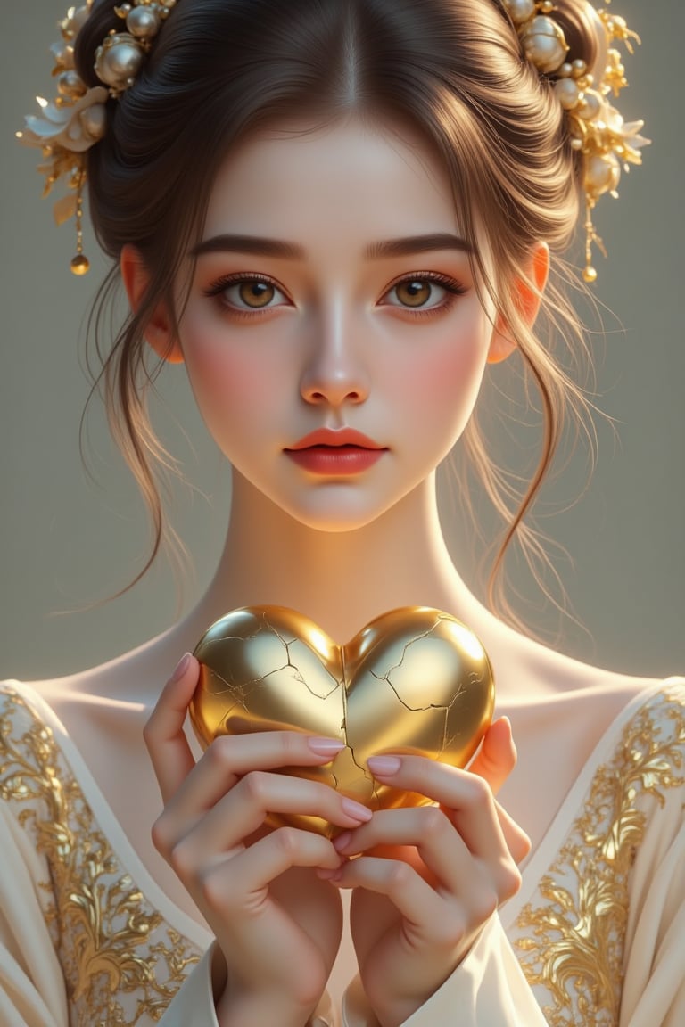 A beautiful and charming woman holds a heart-shaped gold heart in her hands (metal reflection).She sadly looked at the pur...
