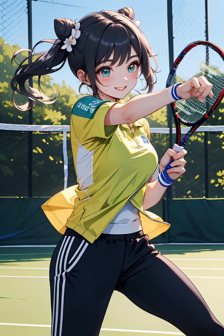 (Masterpiece), Best Quality, Super Detailed, Illustration, Kawaii Style Pastel Colors, Very Beautiful 18 Years Old Girl, Great Colors, Ke Qing (Genshin), Bun, Hair Green Silky Light Hair , twin ponytails, bright blue eyes, beautiful. Her big eyes have thick eyelashes, and she smiles happily at the camera. She participated in the badminton competition, with silky light and shadow, double buns, bangs, bows, hair flowers, hair bows, hair ties, and alternative clothing. , standard clothes for playing tennis, summer sports tights, zipper, short-sleeved jacket, , insulated pants, black gloves, ((brand name badminton racket, badminton, opponent playing badminton)), dynamic pose, focus, looking forward , the badminton net, the referee, the opponent of the game (also as beautiful as the girl, but with green eyes and black hair), the audience, the flow of movement, dripping sweat, light and shadow, professional photography.
