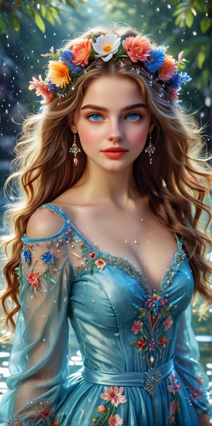 Masterpiece, HD, 8K, charming minimalist illustration of an 18-year-old girl. ((drawn from head to thigh)), low angle, delicate brushstrokes, long curly hair, high bangs, floral hair accessories, big and bright blue eyes, thin eyebrows, plump cheeks and lips, fair complexion, silk elegant. With a slender body, the painting emphasizes delicate colors. The girl shows off various poses of a professional model. The clothes she wears are beautiful and unique national costumes from various countries.
The background is water drops. The energetic, lively expression embodies the girl's magical presence. Feel. fractal art, glitter,BugCraft