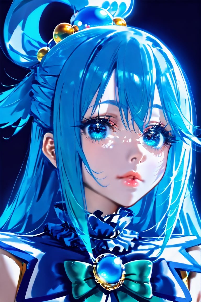 (masterpiece), best quality, solo, 1girl, blue_eyes, looking_at_viewer, eyelashes,upper_body, lips, makeup,aqua,Aqua,Aqua_(Konosuba),AQUA \(KONOSUBA\), blue hair ,dark background,LONG HAIR, HAIR ORNAMENT, VERY LONG HAIR, HAIR RINGS, SINGLE HAIR RING, HAIR BOBBLES,