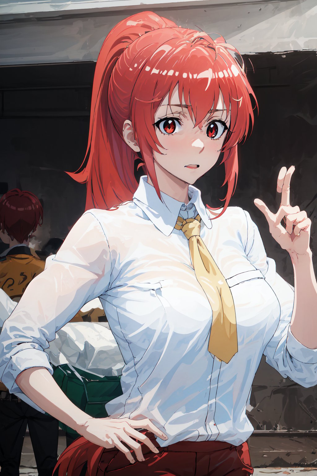 score_9, score_8_up, score_7_up, score_6_up, score_5_up, score_4_up, BREAK, source_anime,makima_v1, 1girl, red hair, ringed eyes, braided ponytail, solo, black necktie, shirt, collared shirt,black_pants