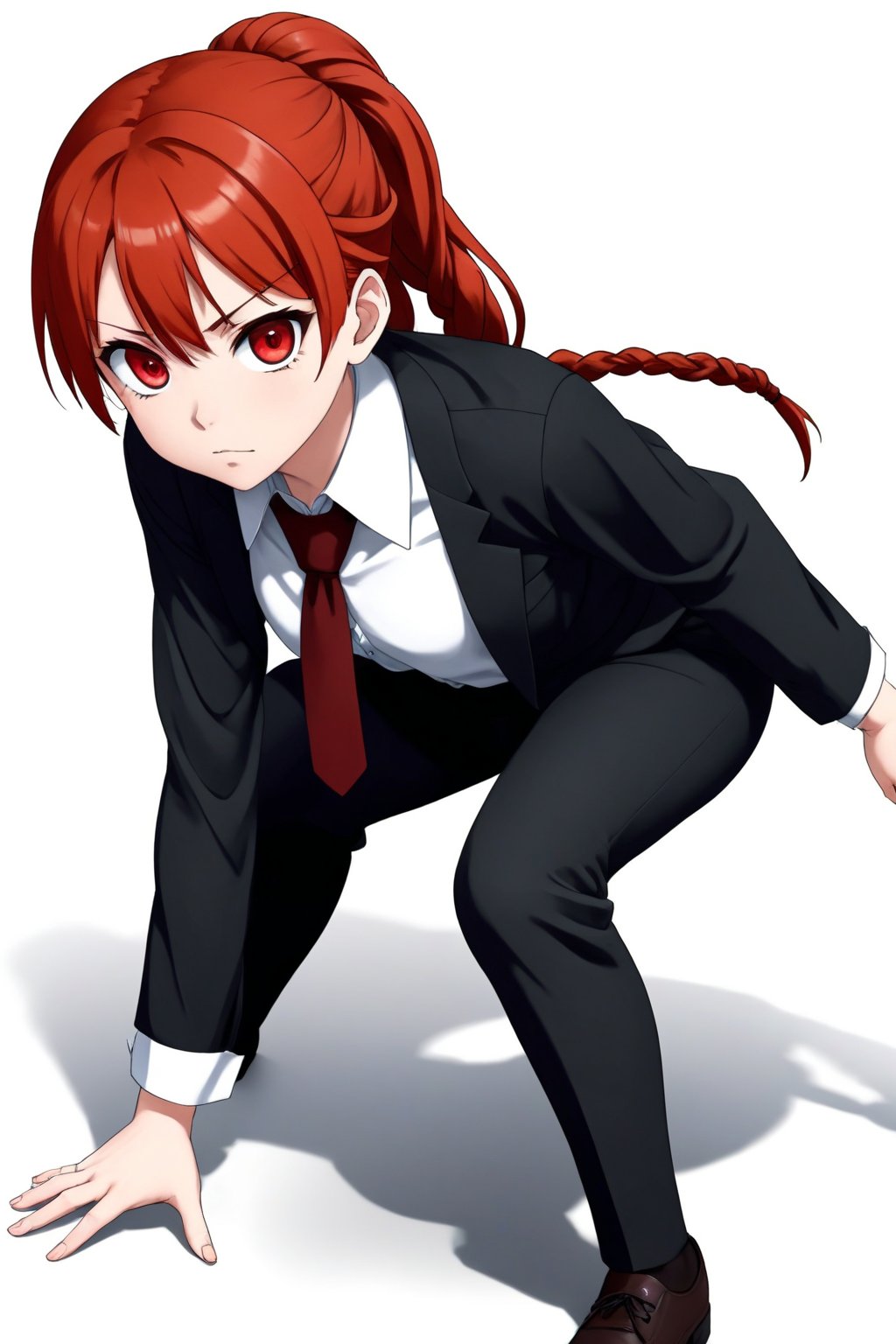 score_9, score_8_up, score_7_up, score_6_up, score_5_up, score_4_up, BREAK, source_anime,makima_v1, 1girl, red hair, ringed eyes, braided ponytail, solo, black necktie, shirt, collared shirt,black_pants