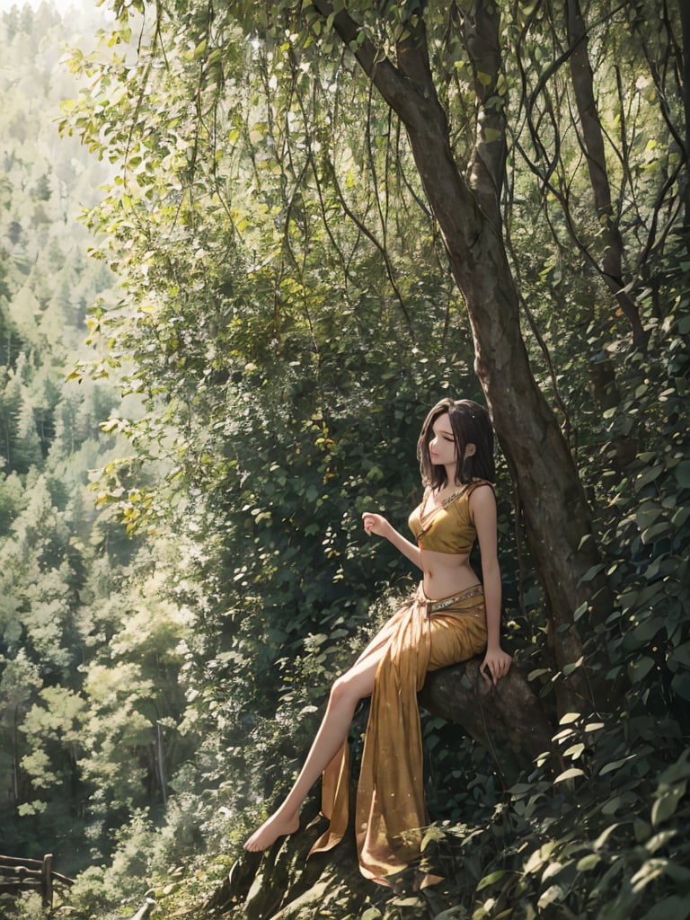 absurdres , highres, ultra detailed, (1girl:1.3), 
BREAK indian, designer saree, seductive, alluring face,
BREAK lush greenery, towering trees, dappled sunlight, serene atmosphere, nature's embrace, forest tranquility