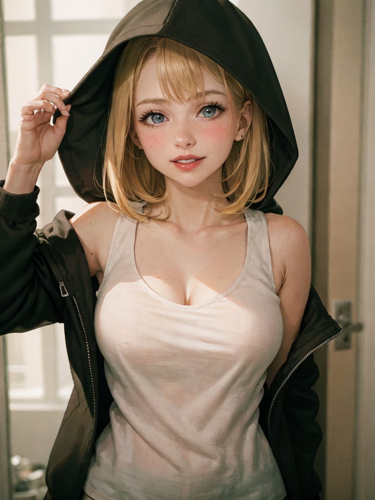 absurdres , highres, ultra detailed, (1girl:1.3), 
BREAK indian, , rating:safe, hood, breasts, short_hair, blonde_hair, solo, hood_down, blue_eyes, looking_at_viewer, cleavage, hoodie, lens_flare, tank_top, hooded_jacket, upper_body, large_breasts, lips, smile, sleeveless, bangs, parted_lips, jacket, moon, bokeh, red_lips, medium_breasts, blush, eyelashes, makeup, open_mouth, teeth, realistic, collarbone, black_tank_top, white_hoodie, belt, open_clothes, blurry, sleeveless_hoodie