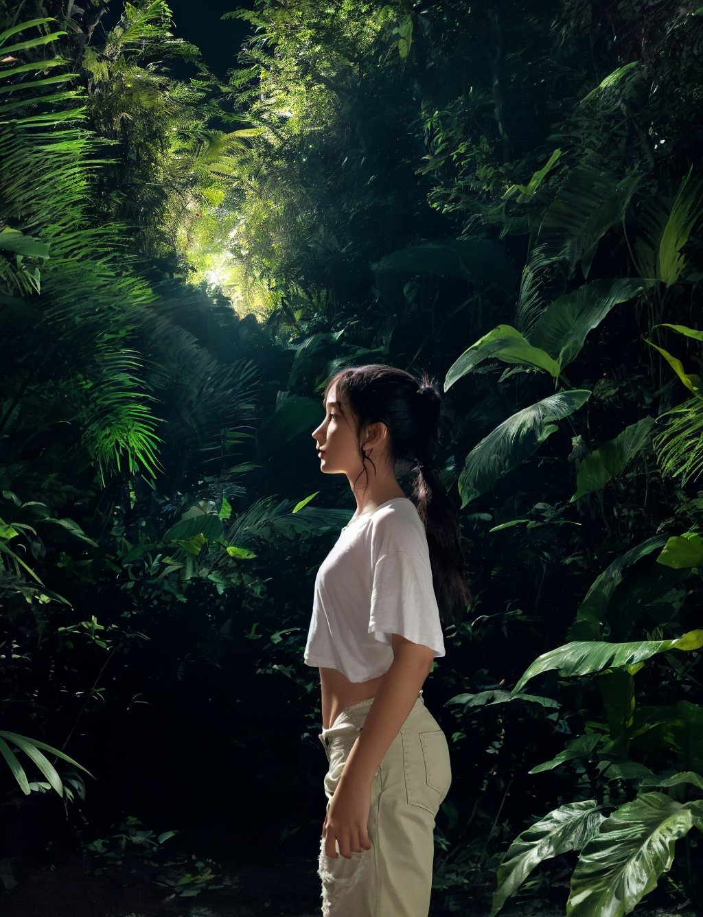 A young girl stands confidently at the edge of a dense jungle, her eyes fixed on some unseen distance. She wears a pair of durable pants shorts and a comfortable-looking shirt, her dark hair tied back in a practical ponytail. The darkness of the jungle night surrounds her, with only the faintest hint of starlight visible above the treetops. The air is thick with the sounds of nocturnal creatures, and the girl's profile is illuminated by the soft glow of a nearby firefly, casting an intimate, golden light on her determined expression.,JeeSoo ,1 girl 