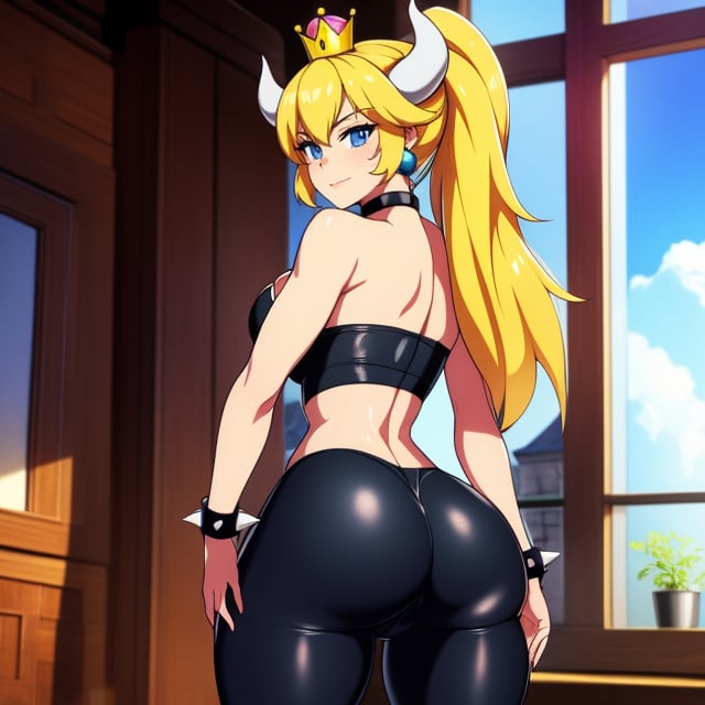 ((masterpiece)), (best quality:1.7), (detailed:1.4), (high res:1.4), 8k, (colorful:1.5), 2d, high resolution, sharped image, 4k, hd, bowsette, (1girl), (solo), blonde hair, blue eyes, spiked brazalets, spiked armlets, spidek choker, super crown, horns, ((white horns)), crown, (pink crown), ponytail, long hair, (complete body), ((thighs)), room, window, clouds, sun, sky, clouds, earrings, furniture, plants, decoration, ((castle)), (curvy body), standing, smug, closed mouth, (strapless), ((peace symbol)), blushed, yellow dragon tail, slender body, athletic body, tall body, deportive suit, pants mark his pussy, from behind, looking at viewer, nice ass, lycra pants and lycra bra