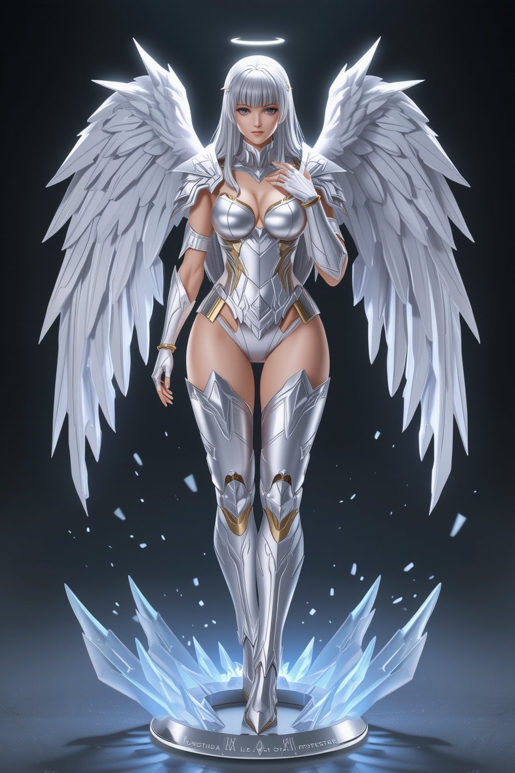 A high-quality anime-style figure of a stunning warrior angel, dressed in sleek, elegant white armor that highlights both strength and beauty. The figure features long, flowing silver hair cascading down her back, with a pair of large, majestic white angel wings extending gracefully from her shoulders. Her armor is intricately detailed with silver and gold accents, giving a celestial and regal appearance. The form-fitting white armor emphasizes her elegant figure, while the plating on her arms and legs is beautifully crafted, featuring intricate patterns symbolizing divine protection. Her wings are spread wide, adding a sense of grandeur and power to her stance. She holds a shining silver sword in one hand, while the other hand rests softly on her armor, exuding both grace and strength. She stands on a clear, minimalistic base, which is adorned with ethereal elements like glowing runes and light particles, enhancing the heavenly, otherworldly atmosphere. Her expression is serene yet powerful, with a gentle, protective gaze that reflects her angelic nature.
