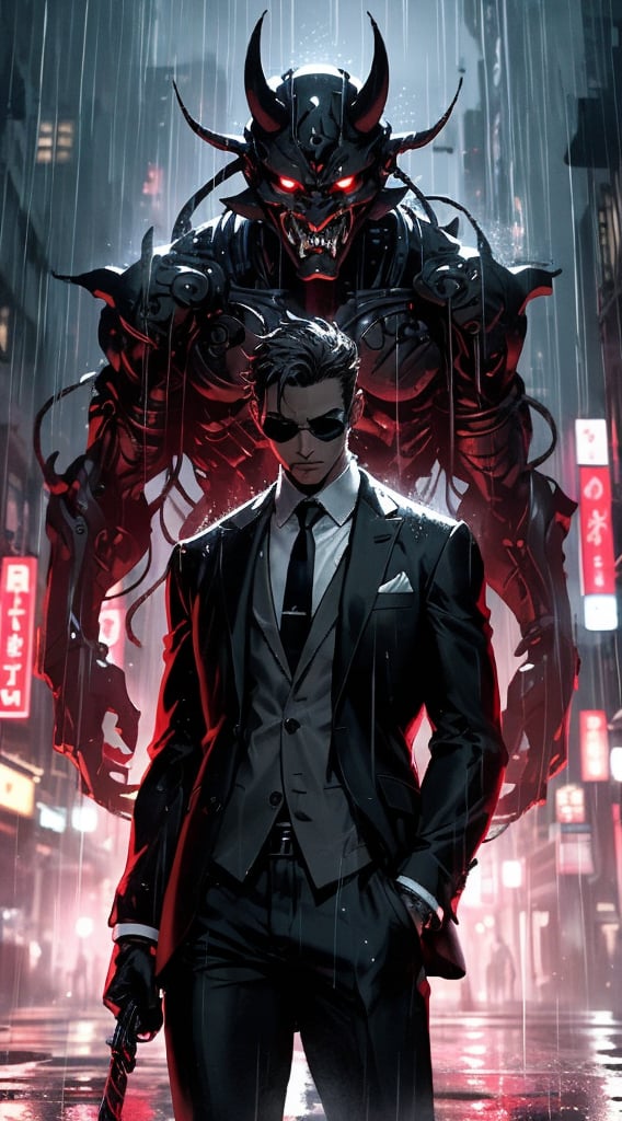 A strong figure clad in a sleek black and white suit, adorned with a striking Japanese devil mask, stood stoically amidst the relentless downpour. This enigmatic individual exuded an air of mystery and intrigue, with the mask adding an element of ominous allure to his presence. The scene is captured in a vivid and haunting photograph, with every raindrop and shadow meticulously highlighted to create a sense of raw intensity. The composition is so impeccably detailed and immersive that viewers are transported into a world of suspense and fascination.