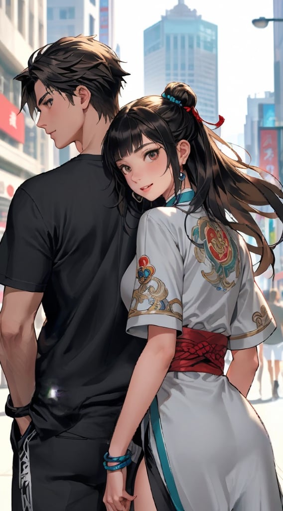 In the bustling backdrop of a contemporary metropolis, a charming young man and a stunning young woman stand confidently back to back. The man, clad in a crisp white T-shirt, radiates positivity as he smiles warmly. His companion holds a traditional Chinese sword, her beauty enhanced by its ancient elegance. This scene is captured in a vivid and dynamic photograph, every detail meticulously composed to convey a sense of modern strength and cultural richness. The image is a feast for the eyes, with vibrant colors and sharp contrasts creating a visually striking composition that is sure to captivate the viewer.