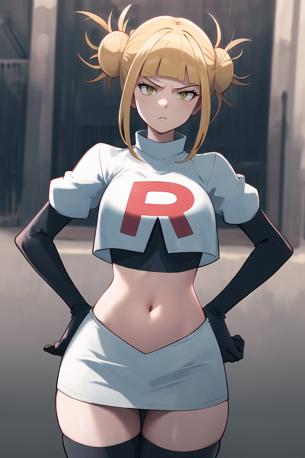 Team Rocket, cropped jacket, white jacket, crop top, jacket, gloves, black gloves, elbow gloves, navel, midriff, white skirt, miniskirt, skirt, black thighhighs, looking down at viewer,(intricately detailed, hyperdetailed), blurry background,depth of field, best quality, masterpiece, intricate details, tonemapping, sharp focus, hyper detailed, trending on Artstation,1 girl, high res, official art,hands on hips,glaring angrily,toga_himiko