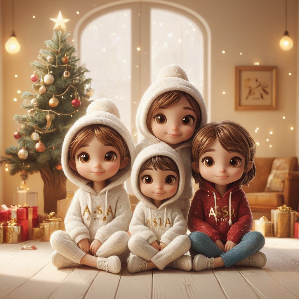 A captivating 3D render of three cute cartoon friends sitting together in a cozy home caesar atmosphere during Christmas. They are all wearing stylish white hoodies with the names "Asia, " Carima and" Asnia written in gold. The characters have expressive brown eyes and brown hair, with Asian kids sistersfeatures. The background is adorned with hearts and fine details, creating a romantic and festive ambiance. The image is presented in ultra-high-definition 4K, with HDR lighting, showcasing vibrant colors and fashionable typography., photo, vibrant, fashion, typography, poster, 3d render