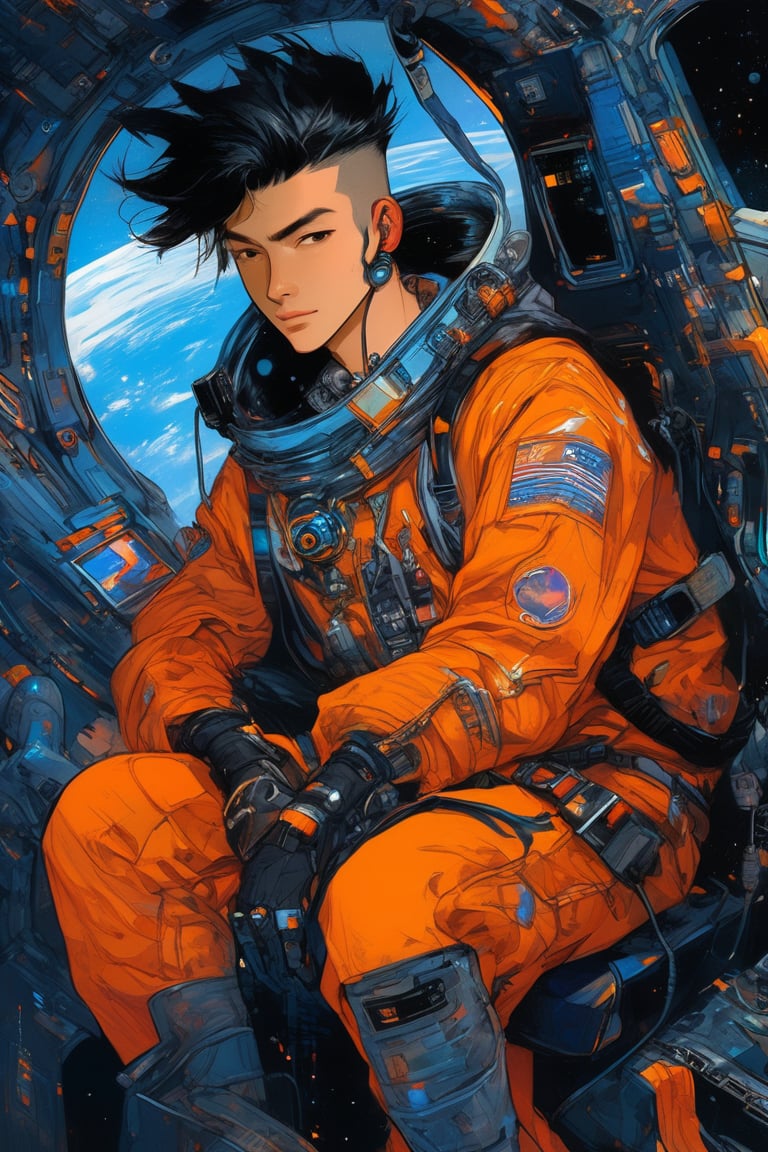 cyberpunk a handsome young man in space, actual 2020's, orange, black, blue, science fiction, rockpunk, Tatsuki Fujimoto, James Jean,  Gege Akutami.