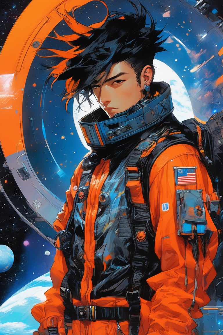 cyberpunk a handsome young man in space, actual 2020's, orange, black, blue, science fiction, rockpunk, Tatsuki Fujimoto, James Jean,  Gege Akutami.