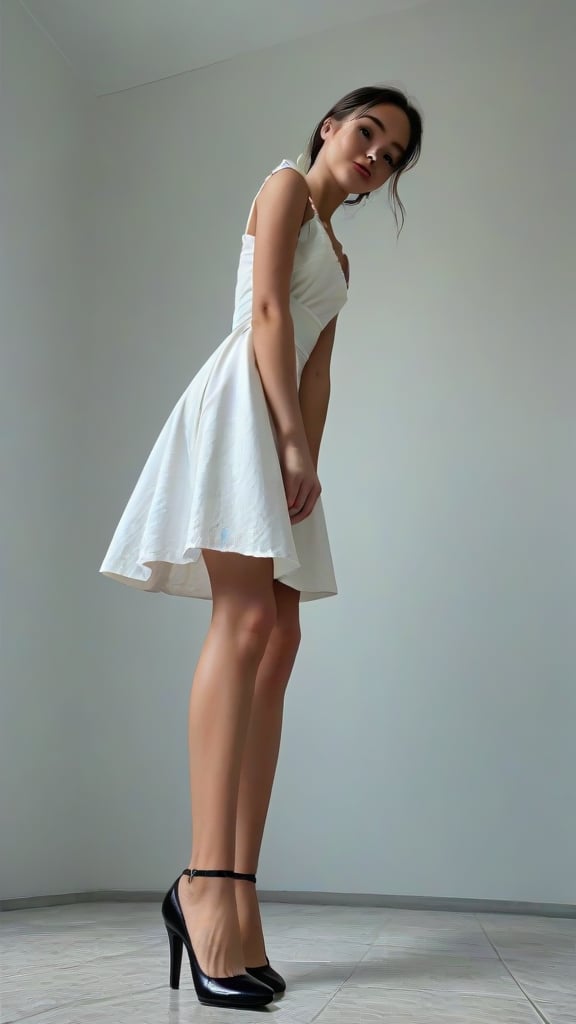 Slim young woman. Wide Very Short sundress. High heels. Low angle view. Bent forward by tatatatatatatuyuyu on Tensor.Art