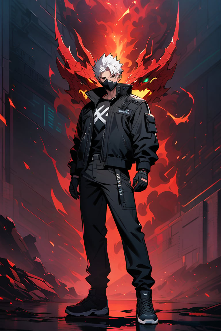 solo, looking at viewer, gloves, 1boy, standing, jacket, full body, white hair, male focus, multicolored hair, black gloves, two-tone hair, black jacket, mask, scar, spiked hair, scar on face, mouth mask, cyberpunk, Red dragon, dragon on the shoulder