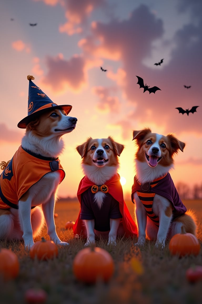 fanciful and playful atmosphere ,Dogs in Halloween costumes, sky,pastel, dramatic lighting, 