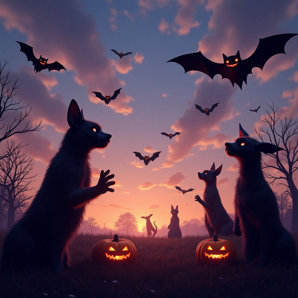 fanciful and playful atmosphere ,bats in Halloween costumes, sky,pastel, dramatic lighting, 