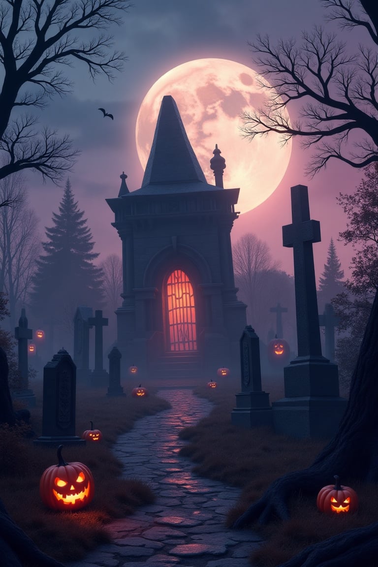 PHANTOM,fanciful and playful atmosphere, TOMBSTONES, sky,pastel, dramatic lighting, Halloween ,