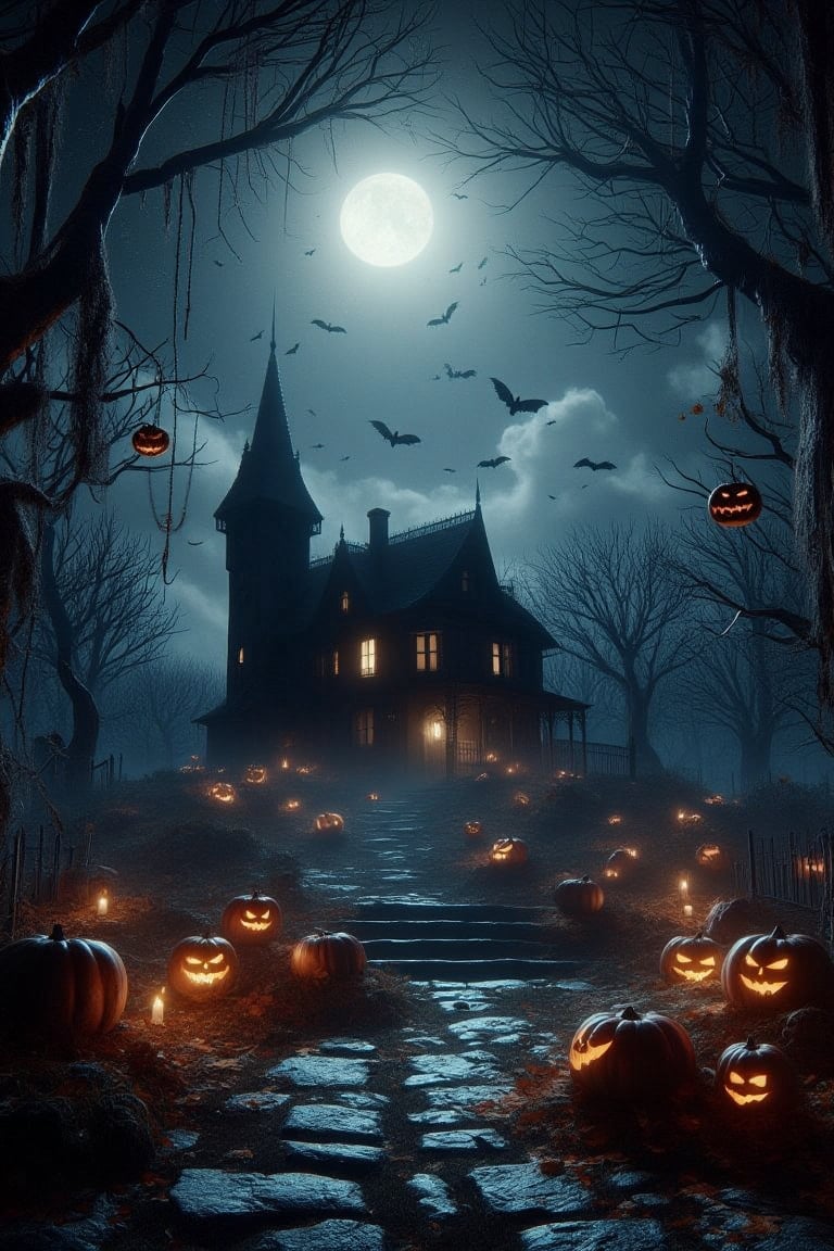 Architectural style a desolate scenery of a dark,full moon,A fantasy scene of an enchanted  towers, set against a dark, starry sky.,ancient,mysterious,road,(masterpiece,detailed, best quality),dark fantasy, Clean lines,geometric shapes,tree,DarkHalloween