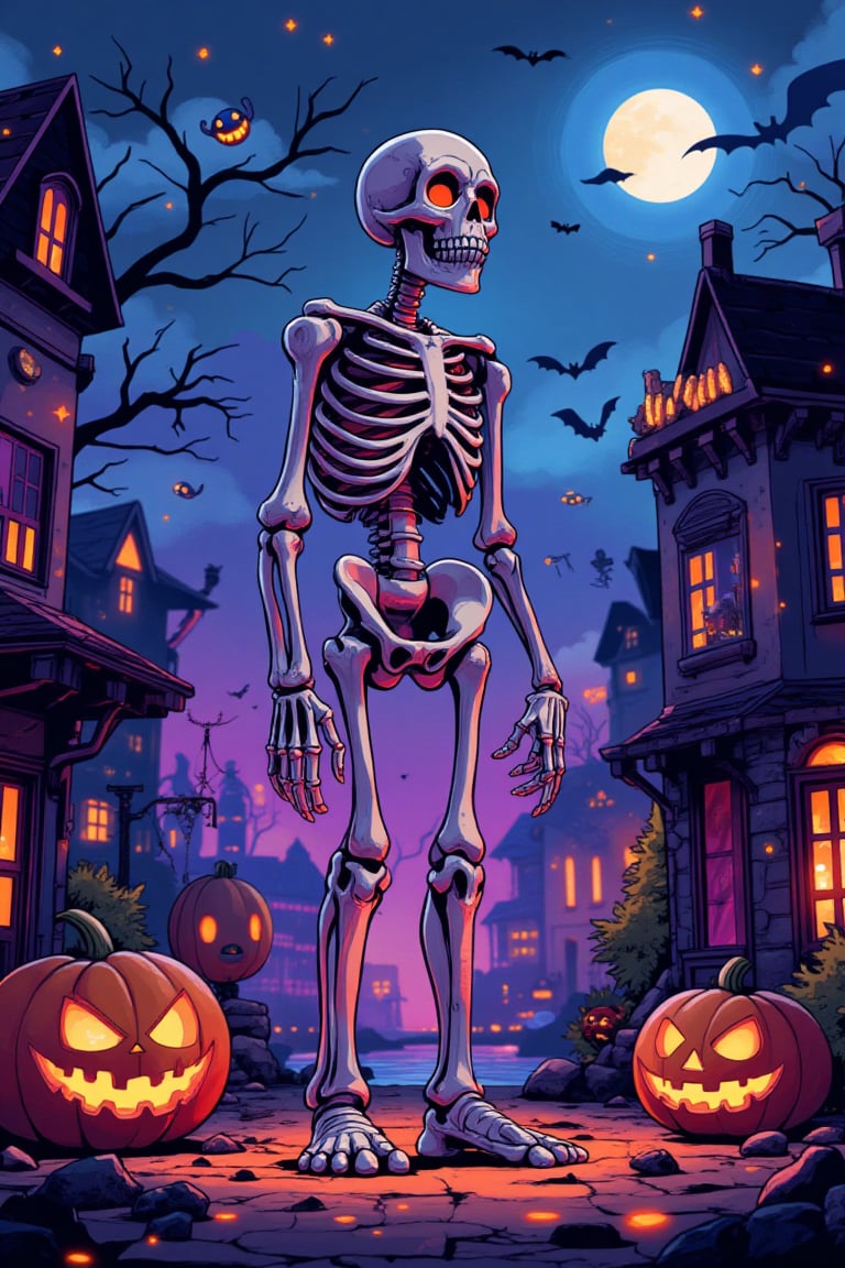 fanciful and playful atmosphere,SKELETON, sky,pastel, dramatic lighting, Halloween ,lightning,Cartoon