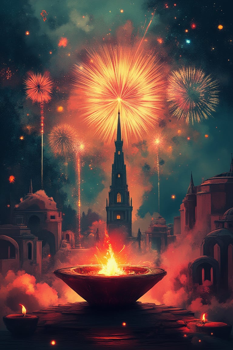 Diwali, ancient,mysterious,(masterpiece,detailed, best quality),firework, Clean lines,geometric shapes,pastel, dramatic lighting,vibrant painting