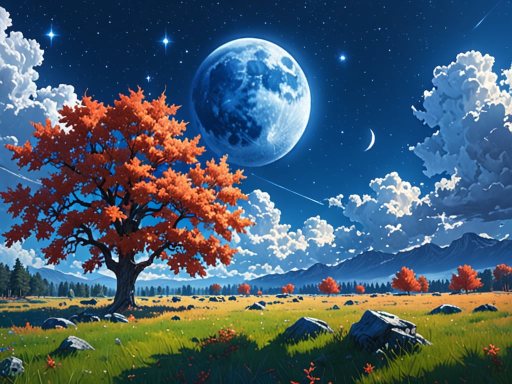 outdoor, sky, day, clouds, maple trees, blue sky, no humans, moon, grass, stars\(sky\), landscape, full moon, huge planet, moon, (masterpiece, best quality, official art, beautifull and aesthetic) opsional, scenery,More Detail,Sylvain_Sarrailh_style_lora_by_niolas