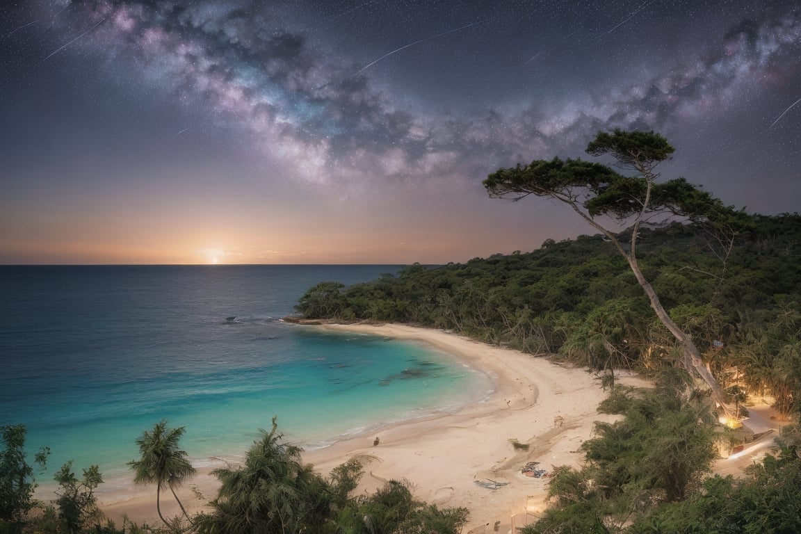 outdoor, night sky, clouds, Starry sky, star, water, trees, no humans, ocean, beach, thatch, landscape, sand, coast, original photos, realistic, photography,fine art,