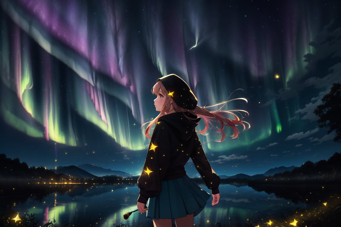 1 girl, alone, shooting star, aurora, long hair, skirt, long sleeves, standing, outdoors, sky, from behind, hoodie, night, hood down, 
 Stars\(sky\), night sky, scenery, starry sky,
(masterpiece, best quality, official art, beautifull and aesthetic) opsional,liquid clothes,firefliesfireflies,edgRenaissance,watercolor