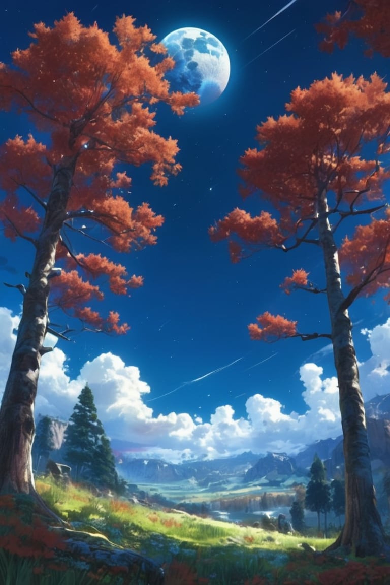 outdoor, sky, day, clouds, maple trees, blue sky, no humans, moon, grass, stars\(sky\), landscape, full moon, huge planet, moon, (masterpiece, best quality, official art, beautifull and aesthetic) opsional, scenery,