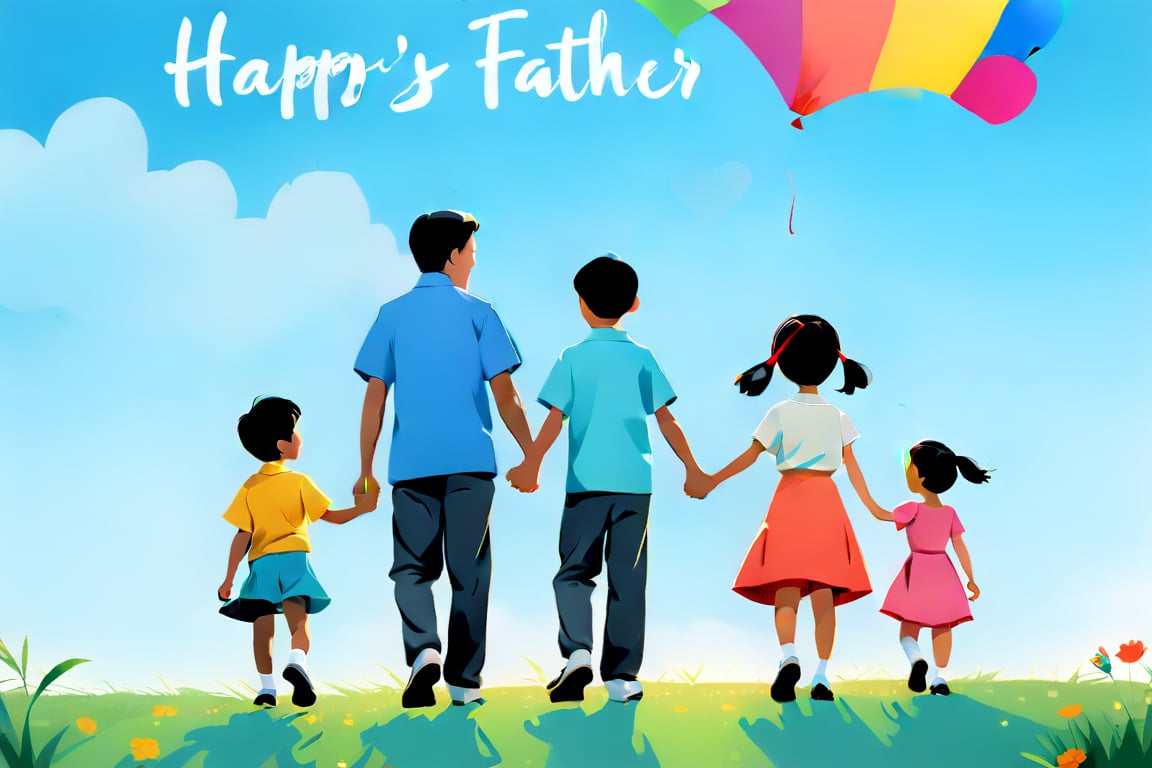 Left side picture, father with 1 son and 1 daughter, Asian, holding hands, rear view, 1 boy, 1 girl, kids, black hair, dress, outdoor, sky, grass, right side English cursive "Happy Father's Day", poster, color block style,
Use hue to represent light and shadow,