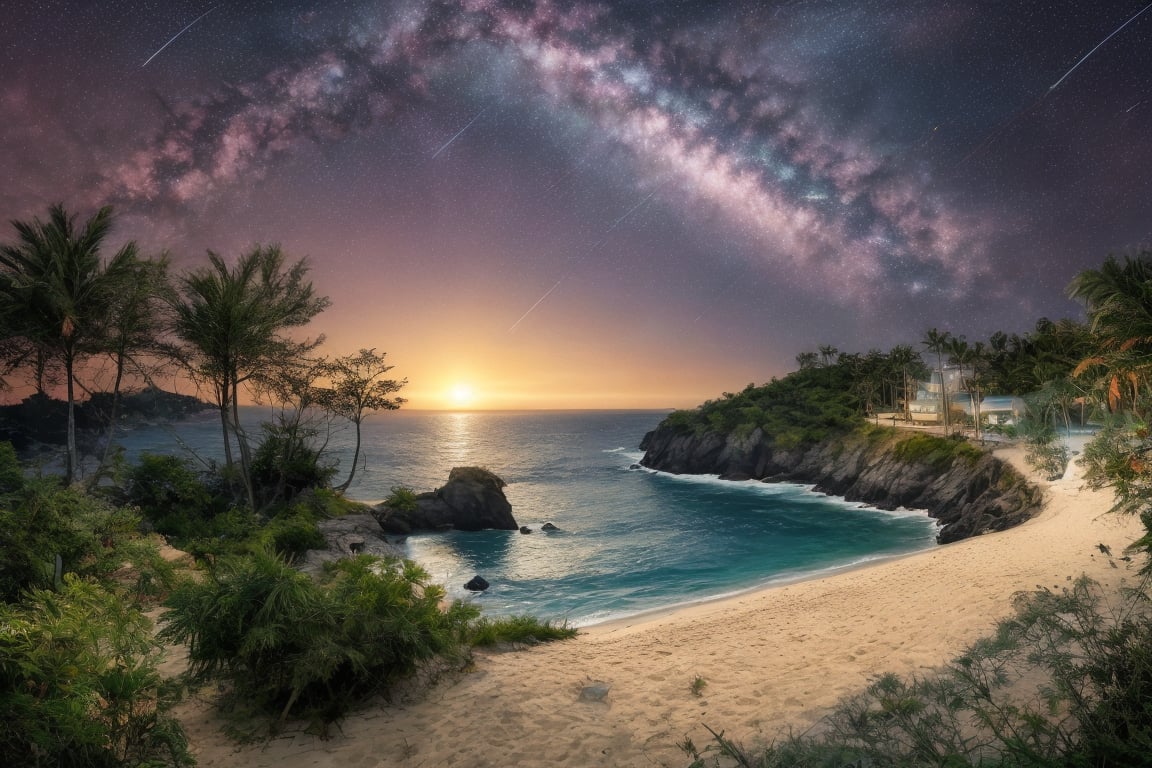 outdoor, night sky, clouds, Starry sky, star, water, trees, no humans, ocean, beach, thatch, landscape, sand, coast, original photos, realistic, photography,fine art,