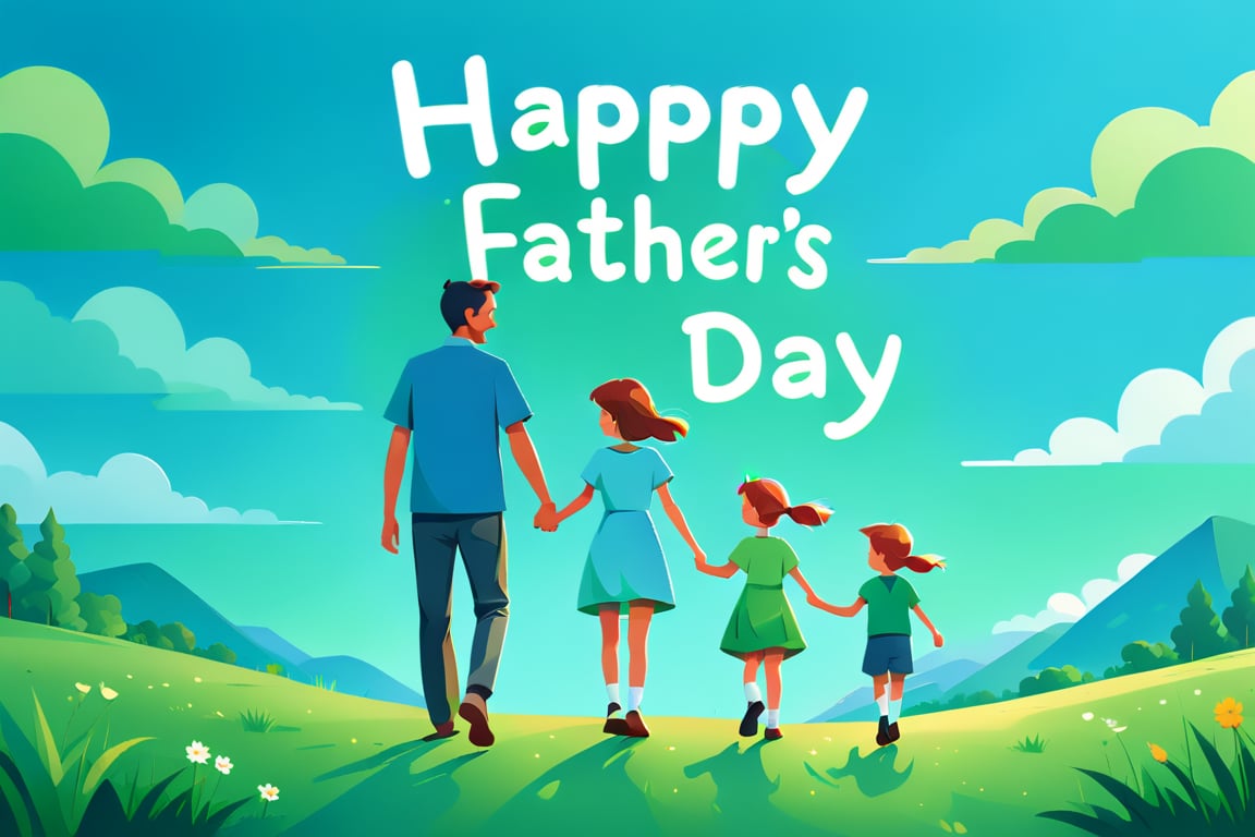 A father holding hands with a son and a daughter, outdoor scene, blue sky and green land, with ''Happy Father's Day'' written in English cursive font. Flat vector art, minimalist color blocks, fairy tale picture book style, using tones to express light and shadow,