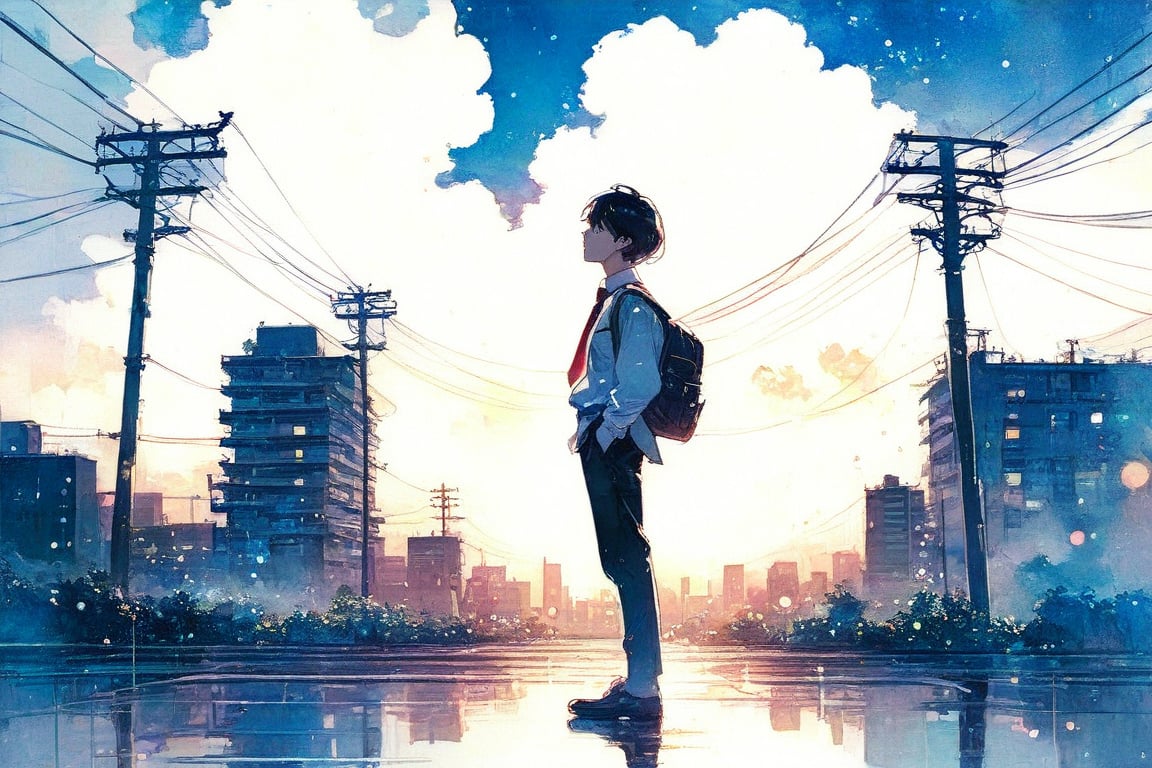 alone, 1 boy, rainy, shirt, black hair, long sleeves, school uniform, standing, full body, white shirt, male focus, outdoors, necktie, sky, shoes, collared shirt, pants, cloud, bag, from side, profile, black pants, backpack, cloudy sky, building, reflection, school bag, city, power lines, utility pole, gradient color cloud, Watercolor, bokeh light dust, depth of field,
best quality, 8k, highres, masterpiece, perfect hands, perfect anatomy, The highest image quality, excellent detail, ultra-high resolution, best illustration, attention to detail, exquisite beautiful face, detailed hands, expressive eyes,tortinita fine,watercolor \(medium\)