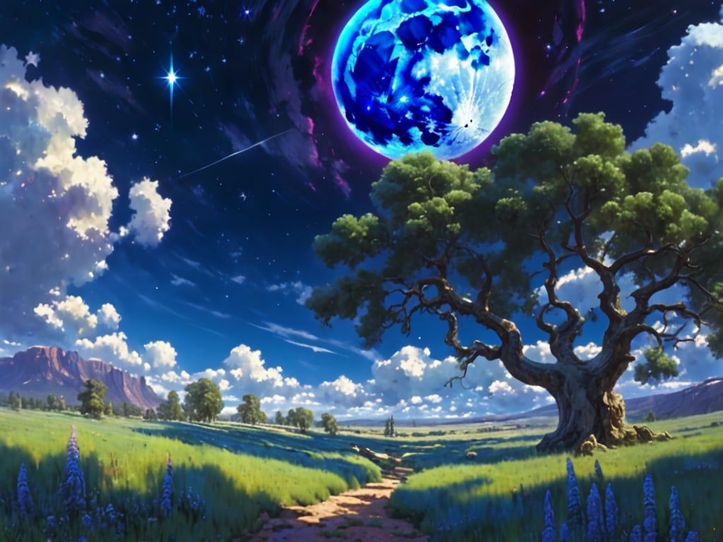 outdoor, sky, day, clouds, trees, blue sky, no humans, moon, grass, stars\(sky\), landscape, full moon, huge planet,
(masterpiece, best quality, official art, beautifull and aesthetic) opsional, scenery,