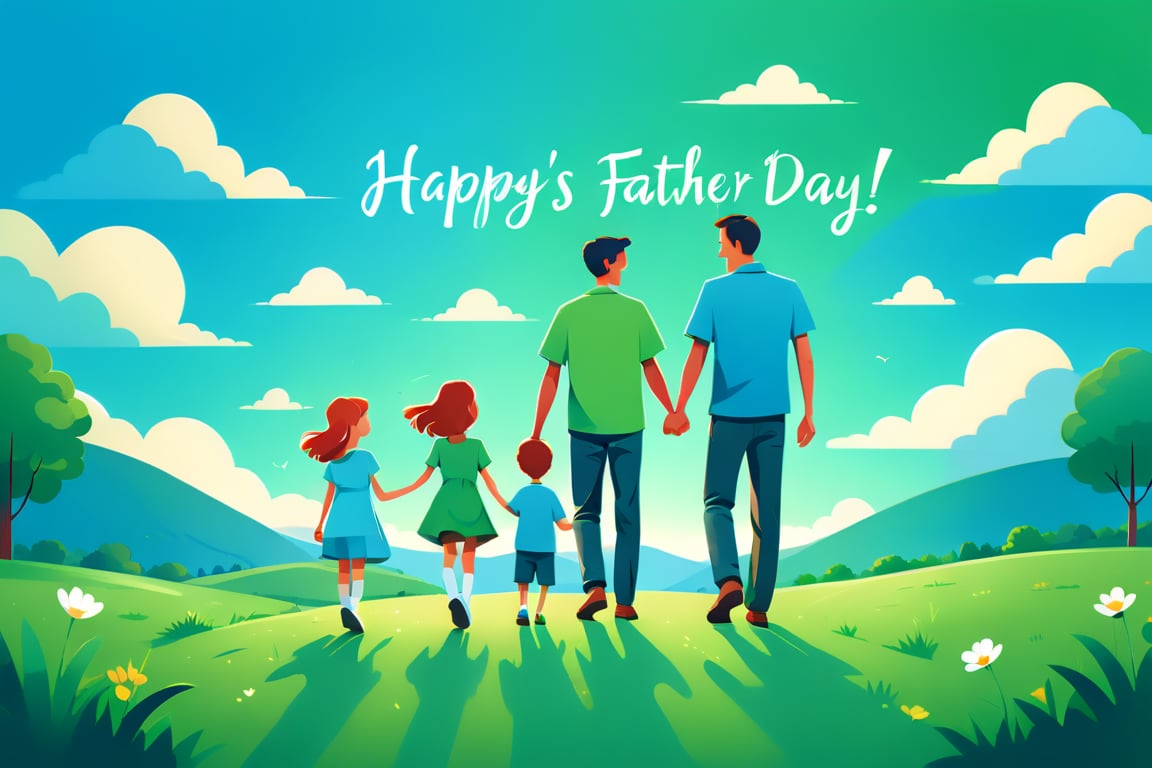 A father holding hands with a son and a daughter, outdoor scene, blue sky and green land, with ''Happy Father's Day'' written in English cursive font. Flat vector art, minimalist color blocks, fairy tale picture book style, using tones to express light and shadow,